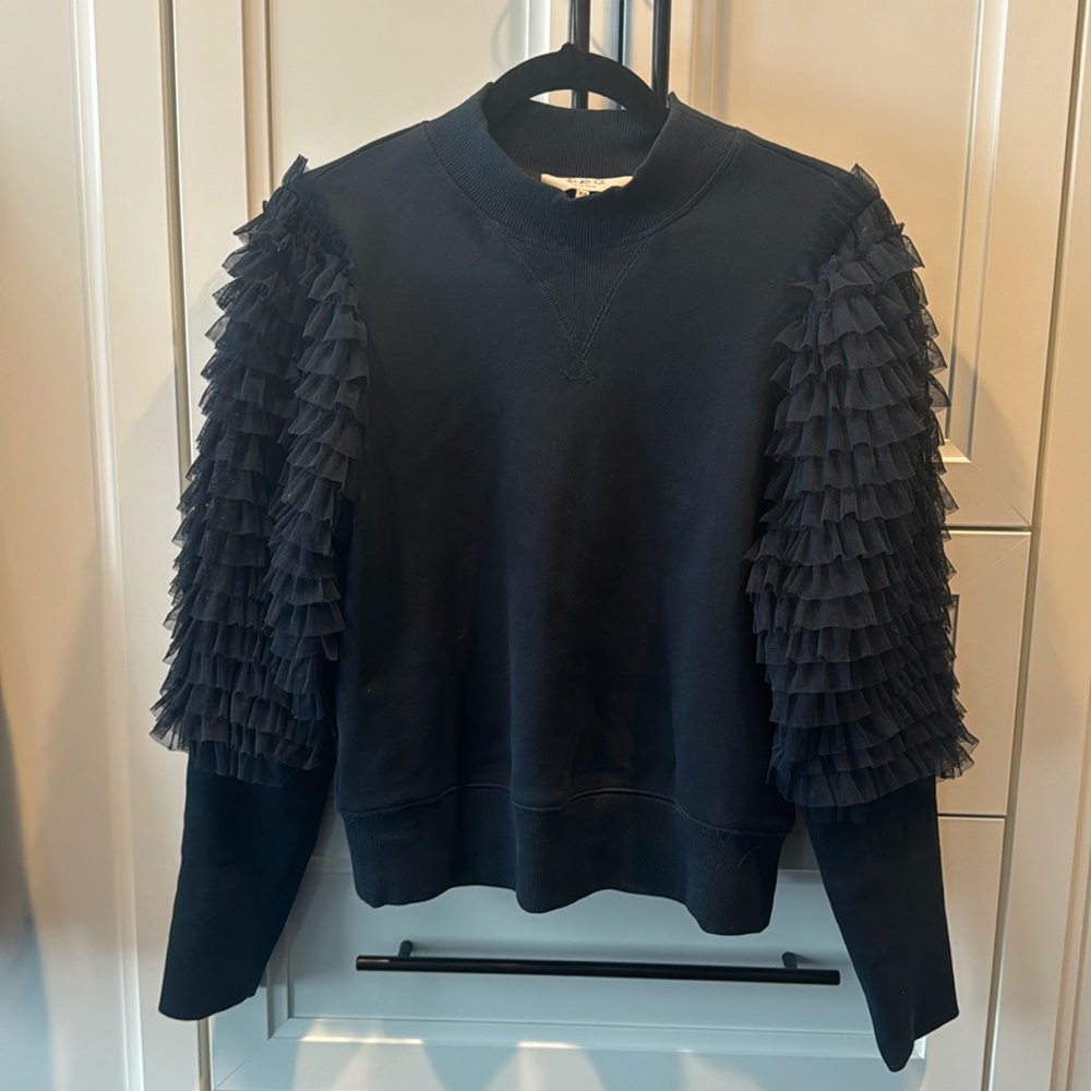 EUC Sea Sweater with ruffle sleeve detail navy blue
